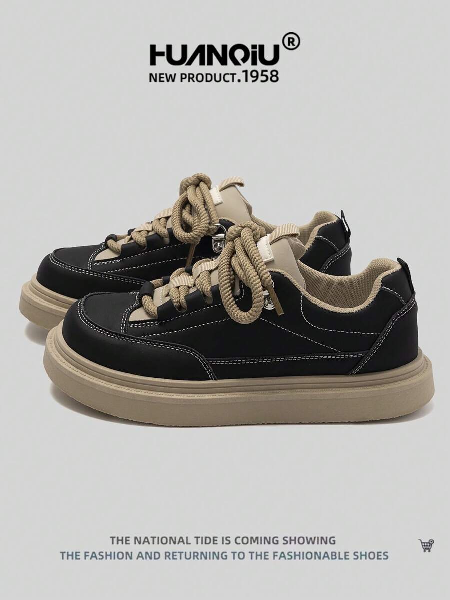 HUANQIU Women's Thick Sole Versatile Sport Casual Shoes, Small White Shoes, Comfortable Nice Shoes For All Seasons, Black, Khaki, Beige, Black, Student Casual Flat Shoes - Black - View 1