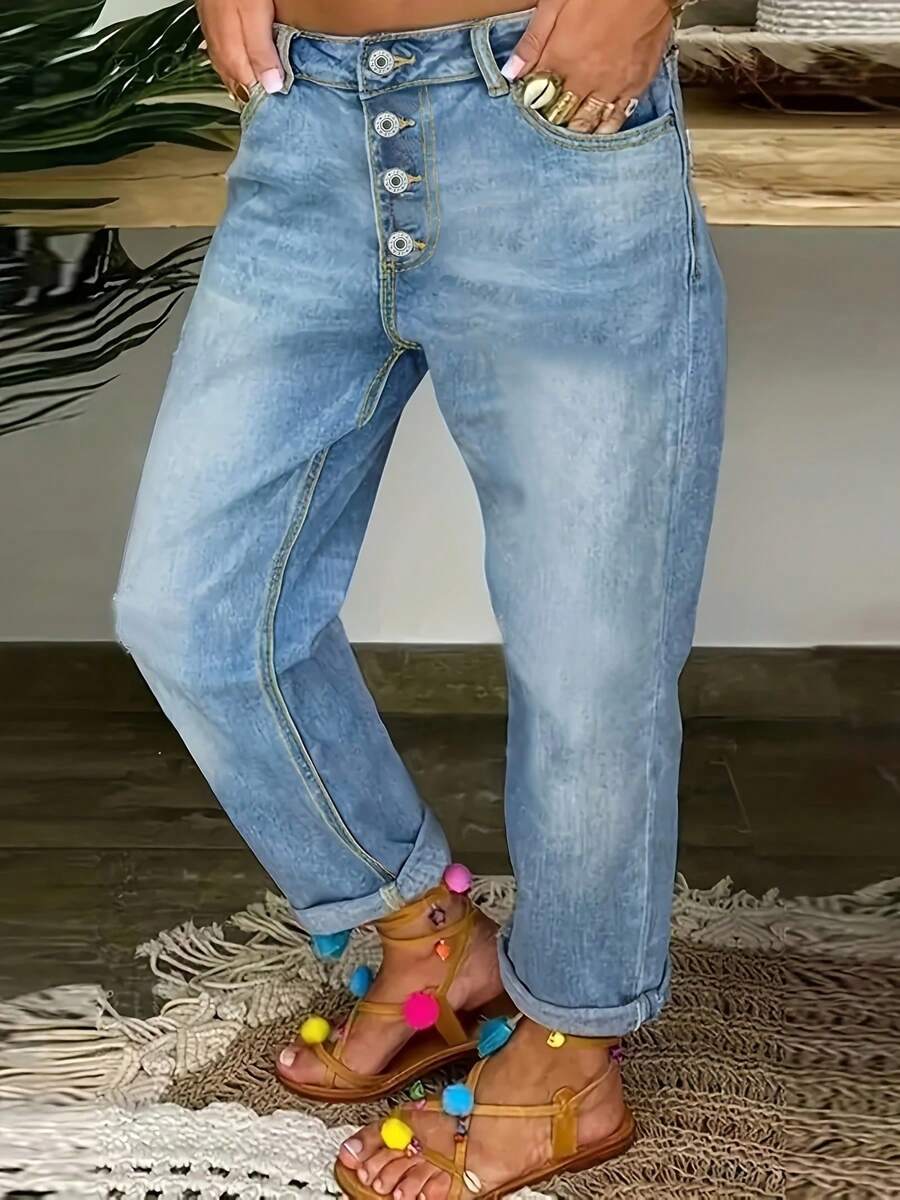 Women's Straight Leg Jeans, Women's Wide Leg Mid Waist Loose Denim Ankle Pants, Y2k Loose Boyfriend Jeans(The Size Is Slightly Small; It Is Recommended To Order One Size Up.) - 淺色水洗藍 - 查看 1