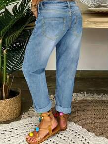 Women's Straight Leg Jeans, Women's Wide Leg Mid Waist Loose Denim Ankle Pants, Y2k Loose Boyfriend Jeans(The Size Is Slightly Small; It Is Recommended To Order One Size Up.) - 淺色水洗藍 - 查看 2