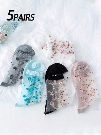 5 Pairs Women's Multi-Color Crew Socks, Summer Thin Transparent Ruffle Lace Design Comfortable Moisture-Wicking