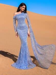 Faeriesty Đầm dạ hội đuôi cá lệch vai sang trọng đính cườm và sequin với tay áo bất đối xứng – Dài chấm đất ấn tượng cho các sự kiện trang trọng, và thương hiệu cao cấp ra mắt bộ sưu tập đầm dạ hội cưới thanh lịch. - Màu xanh lam - Xem 2