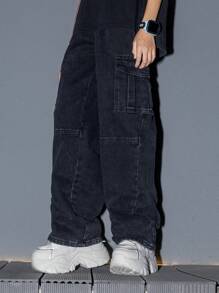 青少年和大龄男孩洗水破洞工装牛仔裤，宽松直筒裤，美式高街风格裤子 - 黑色 - 查看 3