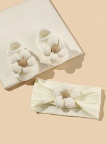 1 set de diadema y calcetines elásticos de nailon con decoración de flores para bebés/niños pequeños - crema HB134 - Ver 4