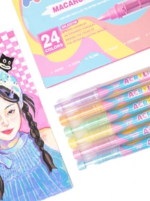GuangNa 24 Colors Skin Tone & Macaron Alcohol-Based Art Markers, Water-Based Ink, Quick Dry Waterproof Acrylic Paint Markers, Suitable For Illustration, Sketching, Wood, Glass, Fabric, Rock Painting, Canvas, Ceramic, Metal And More, Essential For Back To School - Straight Liquid Soft-bristled Acrylic Marker Pen - View 9
