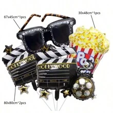 22" Photography Foil Microphone, Round Disco 4D Balloon Set, Movie Night Party Decoration, Sunglasses, Projector, Popcorn, Aluminum Foil Balloons, Movie Birthday Party Supplies