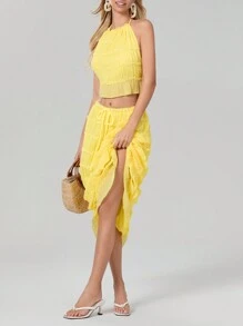 Women Y2k Two Piece Maxi Skirt Sets Beach Vacation Outfit Boho Sleeveless Ruched Halter Crop Cami Tops Backless Tank Tops And Long Swing Skirt Pleated Retro Tulle Chiffon Flowy Skirt Going Out Set 2 Piece Outfits Summer Holiday Party Outfit - 黃色 - 查看 3