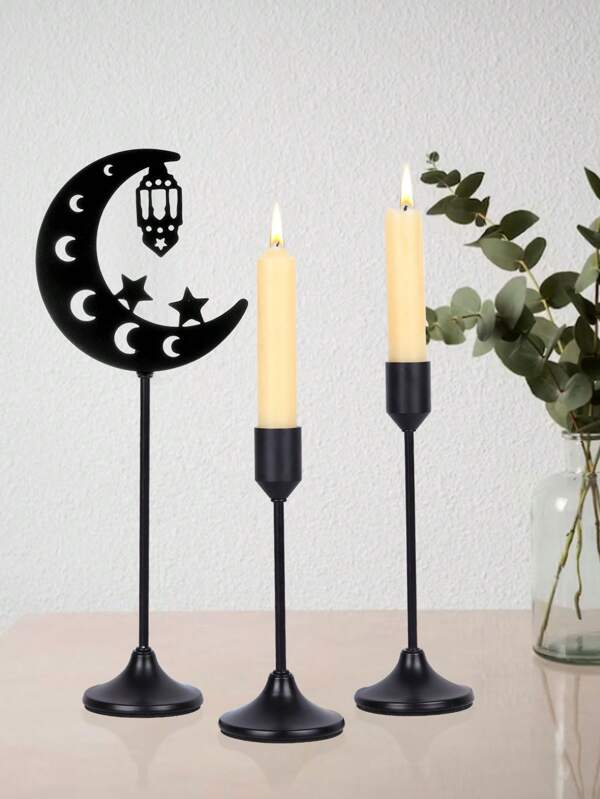 3pcs Of Rama Candle Holders For Dining Table Center, Cone-Shaped Candle Holders, Metal Candle Holders, Rama Dining Table Center Fireplace Wedding Party Candle Holders, Home Decoration Star,Moon,Lantern