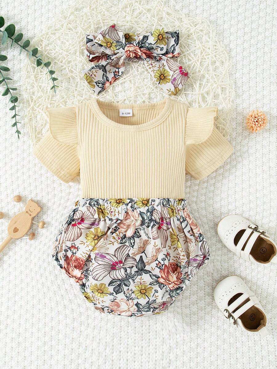 Spring And Summer Baby Girls Cute Holiday Style Little Cap Sleeve One-Piece Bodysuit & Flower Printed Bodysuit & Hairband Set - Apricot - View 1