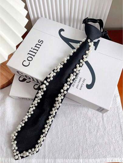 1pc Elegant Women Pearl Tie Handmade Pearls Decorated Neck Tie Adjustable Silk Pretied Necktie Neckwear For Formal Event Business Meeting,Wedding Party Necktie,Black Tie,Ties(Handmade Beading, Beads Arranged Randomly)