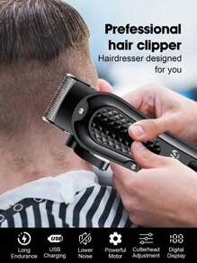 HIENA 1/2pcs Professional Men's Hair Clipper Set, Wireless USB Rechargeable Lithium Battery, ABS Material, Digital Display, Barber And Home Choice, Ideal Home Gift - Black - View 9