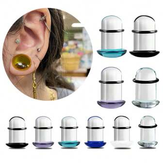 2pcs 1.2-16mm Glass Ear Gauges Stretching Kit Short Taper Expander, 14G-00G Comfy Dead Stretching Plugs With Rubber Rings, Crazy Domed Body Piercing Jewelry Set Clear Pink Black White, Blue Single Flare Glass Plug