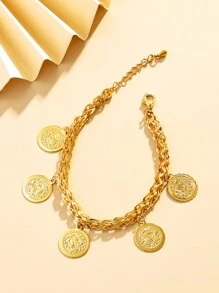 1 pieza Pulsera vintage con moneda de oro redonda y cadena de cola de fénix de metal, adecuado para que las mujeres lo usen como regalo en días festivos diarios