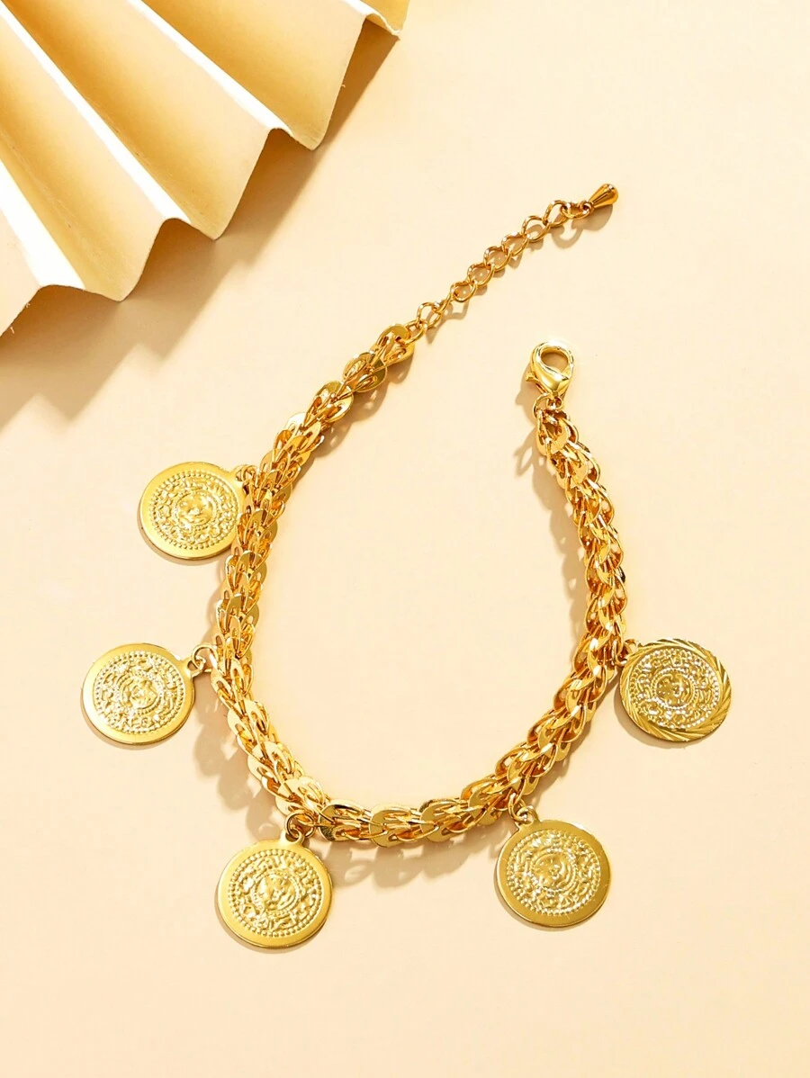 1 pieza Pulsera vintage con moneda de oro redonda y cadena de cola de fénix de metal, adecuado para que las mujeres lo usen como regalo en días festivos diarios