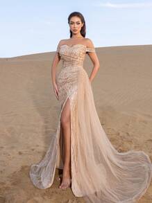 Faeriesty Haute Glamour Gorgeous Sequined Beaded Mermaid Gown With High-Slit Design | Sparkling Luxury Dress For Luxury Weddings, Black Tie Events, Music Festival Main Stage, Neon-Lit City Parties, Or Futuristic Sci-Fi Film Premieres - Champagne - View 8