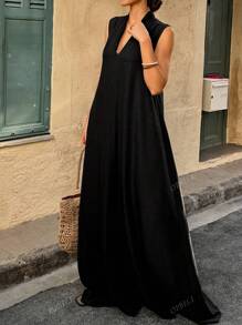 Robe décontractée ample à col V et coupe évasée de couleur unie pour femmes