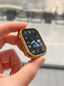1pc Shiny Golden Crystal Rhinestone Decorative Ultra-Thin Tempered Glass Watch Case Cover, Compatible With Apple Watch 38/40/41/42/44/45/46/49mm, Compatible With Apple Watch Ultra/SE/11/10/9/8/7/6/5/4/3/2/1 Series, Smart Watch Case Accessory