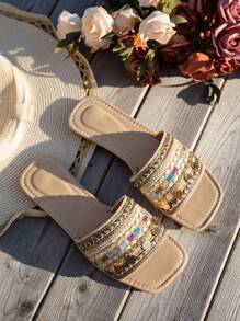 WRCVS Sandalias planas de verano para mujer, con cadena, bordado, pantuflas planas beige, pantuflas con cuentas retro, zapatos de playa, sandalias con patrón tejido al azar - Beis - Ver 6