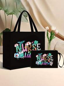 Túi tote họa tiết y tá, túi mua sắm nhẹ, túi du lịch đi biển và túi đựng mỹ phẩm di động, thiết kế in chữ và họa tiết nghệ thuật, phù hợp cho phụ nữ sử dụng hàng ngày. - màu đen - Xem 6
