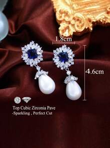 1 par de pendientes colgantes de perlas falsas con circonita cúbica de azul oscuro brillante, para bodas, banquetes, fiestas de compromiso, para mujer. Accesorios de joyería de lujo para desfiles, novias. Regalo para San Valentín, mamá, madre, Día de la Madre