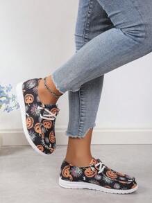 Damskie modne boho stylowe świąteczne dyniowe nadruki casualowe wsuwane buty - Czarne - Zobacz 5