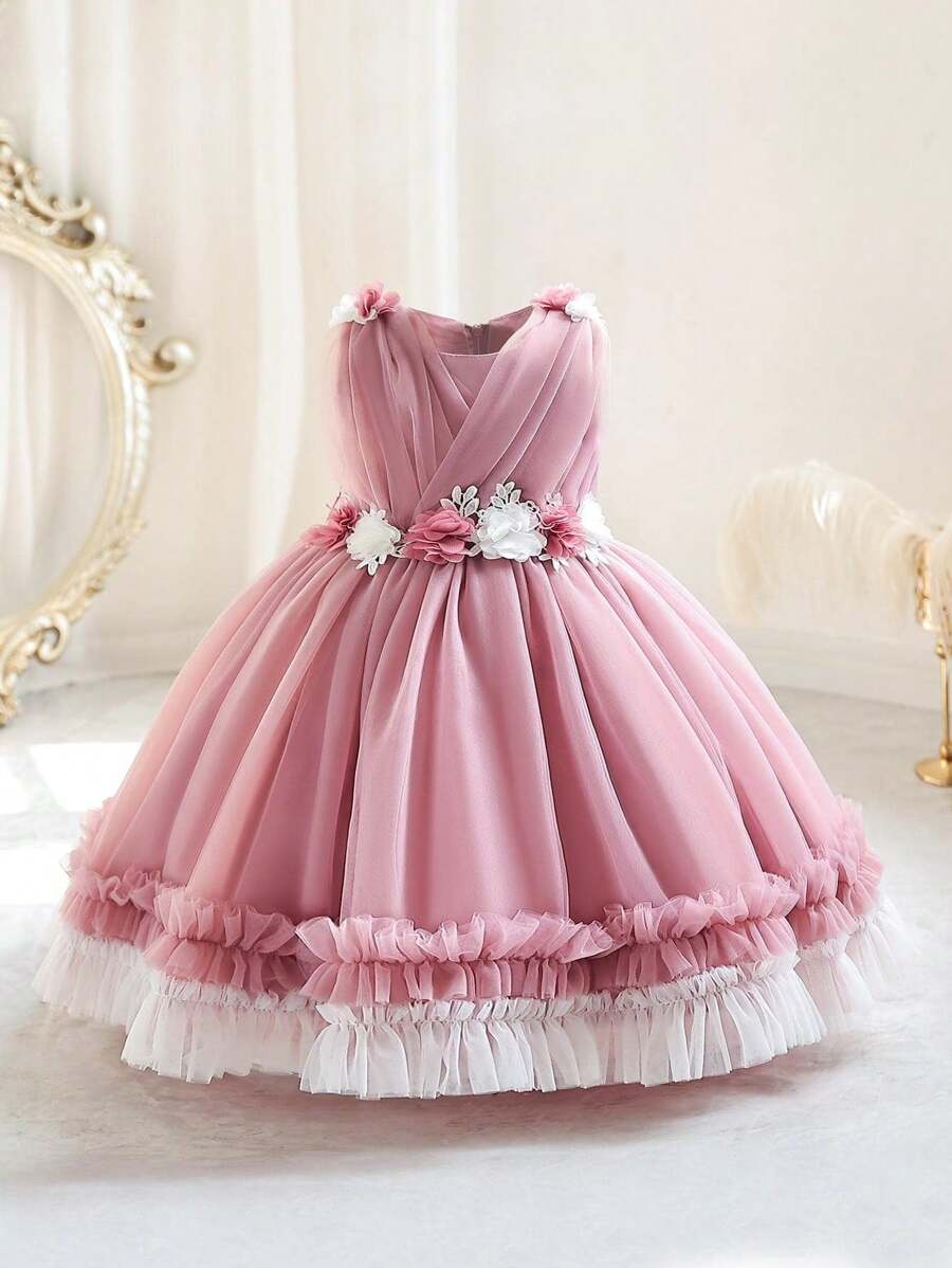 年轻女孩粉色优雅派对礼服公主裙 3D 花卉网眼礼服，适合女孩生日礼物、派对、婚礼、花童、舞台表演、节日庆典 - 藕粉色 - 查看 1