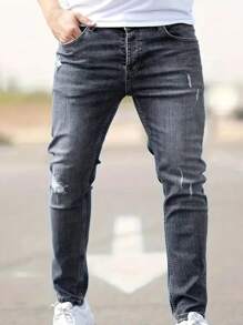 Vaqueros elásticos de pierna pequeña Slim para hombre - Gris - Ver 2