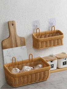 2 件/1 件藤条编织厨房挂篮，多用途储物篮，用于水果、面包、零食、桌面装饰柳条篮手工制作壁挂式收纳架 - 黃色 - 查看 3