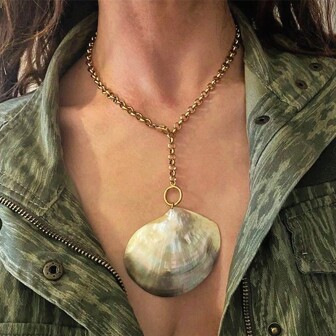1pc Necklace With Natural Abalone Shell Pendant On Stainless Steel Gold O-Chain, Women's Fashion Bohemian Beach Jewelry