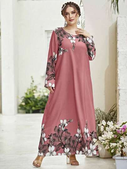 Blessings of Love Elegantes Große Größen langes Kleid mit Blume Muster, bescheidener Schnitt, Rundhalsausschnitt, lange reguläre Ärmel, mittlere Stretchqualität
