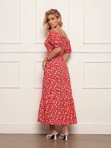 Long Dress With Puffed Sleeves Elastex Print - Red - View 2