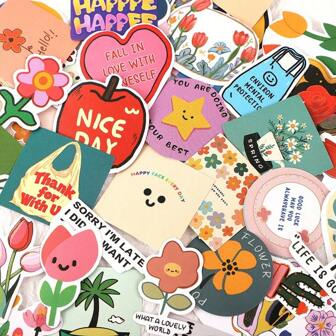 74pcs Korean Cute Fresh Stickers, Floral, Smiling Face, DIY Decal For Planner, Notebook, Scrapbooking,School Supplies,Back To School