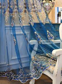 1pc Blue Diamond Shaped Embroidered Sheer Curtain, Luxurious Polyester Material, Suitable For Living Room, Bedroom, Window, Door Decoration