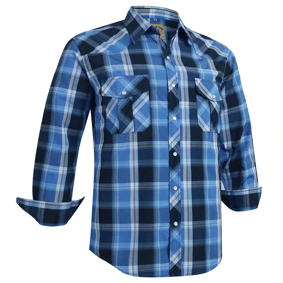 Men's Western Cowboy Pearl Snap Plaid Button Up Casual Long Sleeve Two Pockets Work Shirts - 4 màu xanh đen - Xem 1