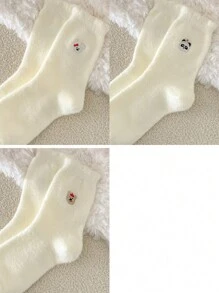 1pair/3pairs Women's Comfortable Winter Cartoon Mid-Calf Socks, Polyester Blended, Knitted Fabric, Cute Animal Pattern, Warm Lining, Hand Washable - Beige - View 20