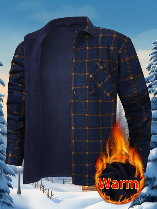 1pc Thermal Flannel Lined Men's Button Down Long Sleeve Casual Business Shirt, Warm Fleece For Autumn/Winter
