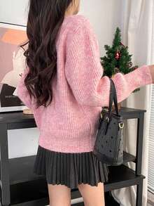 女式落肩长袖单排扣休闲针织开衫，秋冬