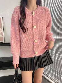 女式落肩长袖单排扣休闲针织开衫，秋冬