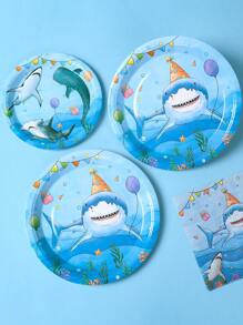 40pcs/Set Marine Shark Theme Disposable Tableware Set, Underwater World Blue Shark Party Decoration Birthday Decoration Disposable Tableware, Birthday Gift Party Favor, Summer Pool Party Disposable Food Container, Kitchen Food Tray Cake Tray Disposable Plates, Babe Shower Decor, Party Beverage Cup Water Cup