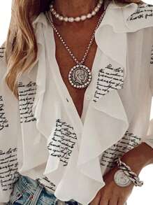 Women Button-Down Ruffle Shirt, Adults Solid Color/Letter/Butterfly/Plant Print V-Neck Long Sleeve Blouse - Beis - Ver 3