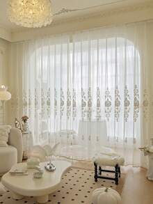 2PCS European Embroidery Transparent Curtain Window Screen Embroidered Retro Balcony Living Room Bedroom Bay Window-Multi Function With Hook - White - View 1