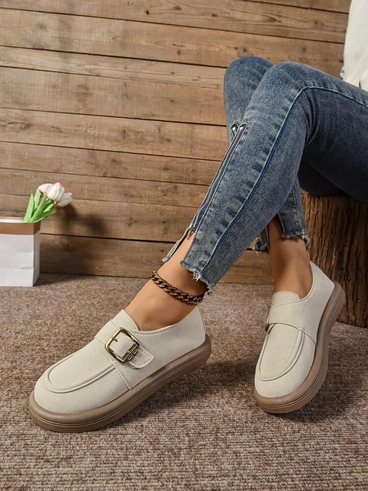 Nuevos mocasines de punta redonda con suela plana de moda, oxfords casuales de baja altura, estilo británico para zapatos de mujer de talla grande, apropiados para primavera/otoño - Beis - Añade 2