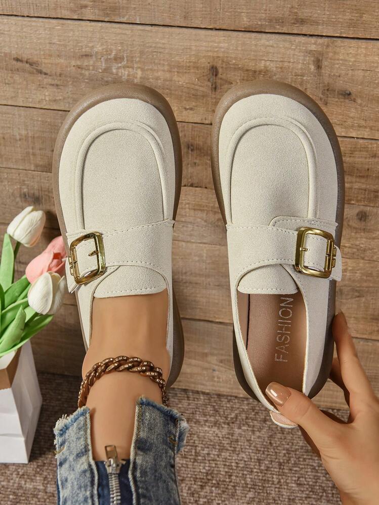 Nuevos mocasines de punta redonda con suela plana de moda, oxfords casuales de baja altura, estilo británico para zapatos de mujer de talla grande, apropiados para primavera/otoño - Beis - Añade 1
