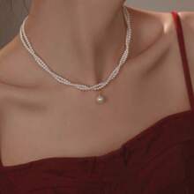 1pc Women Vintage Wrapped Double Layer Pearl Necklace, Elegant Small Designer Collarbone Necklace. Double Layer French Retro Pearl Chain Collarbone Necklace, Minimalist Versatile Pendant Necklace, Christmas, Thanksgiving, Valentine's Day Gift Valentines