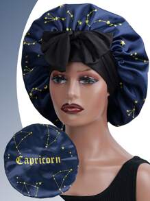 1顶缎面弹力睡帽,带抽绳蝴蝶结,印有12个星座图案,男女通用睡帽 - 黑色 - 查看 19