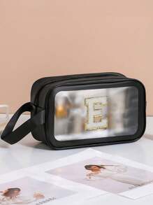 Bolsas de aseo con letra de la A a la Z, de moda y sencillas, tanto para hombres como para mujeres. Bolsas cosméticas impermeables y transparentes de tamaño de cuarto de galón para viajes, aptas para ambos sexos, se pueden llevar en avión y regalar como un regalo para tu novia, un neceser de maquillaje para viajar, un organizador de baño, útiles escolares - Negro - Ver 28