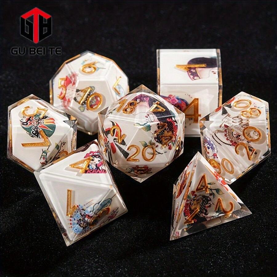 7-Die Sharp Edge Resin GUBEITE D-N-D Dice Set With Dice Case, Polyhedral Dice Filled With Peking Opera Elements For Role Playing Game D&D Dice (Peking Opera) - Gold - View 1