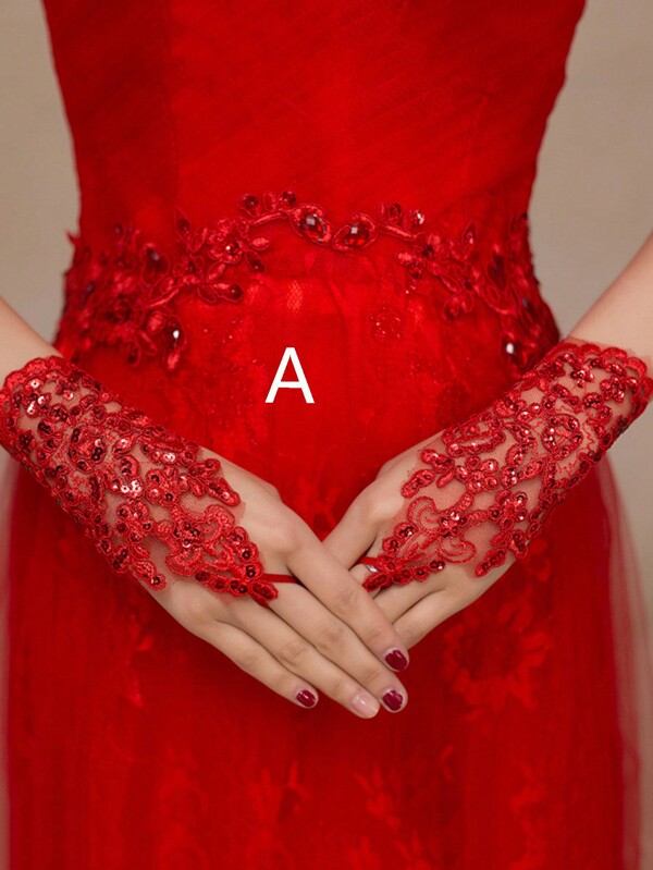 1pair Bridal Lace & Rhinestone Decor Hollow Out Fingerless Short Wedding Gloves For Women Valentine's Day Valentines