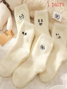 3 Paar weiße Socken für Frauen, warme Plüsch-Thermosocken mit süßen bestickten, witzigen Ausdrücken, zufälliger Stil, Herbst/Winter