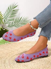 Women's Fashion Flat Shoes, Elegant Round Toe Slip-On Flats For Spring/Summer, Heart Pattern Colorblock Shoes, Breathable Woven Comfort Slip-On Flats, Suitable For Outings, Dates, Valentine's Day, Girly Purple Casual Shoes