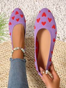 Women's Fashion Flat Shoes, Elegant Round Toe Slip-On Flats For Spring/Summer, Heart Pattern Colorblock Shoes, Breathable Woven Comfort Slip-On Flats, Suitable For Outings, Dates, Valentine's Day, Girly Purple Casual Shoes